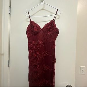 Fashion Nova Burgundy Red Maroon Floral Mesh Maxi Dress